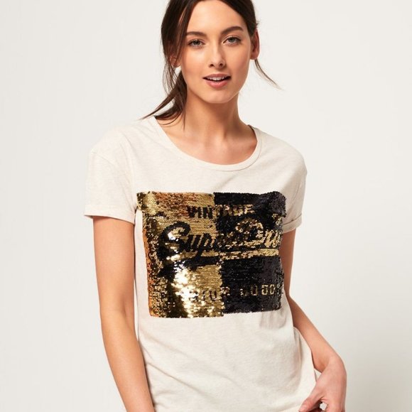 Superdry | SEQUIN SLIM BOYFRIEND T-SHIRT |  Sold out | Off White | Women's 8 | M - Picture 2 of 16